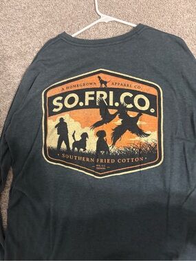 Southern Fried Cotton Mens Long Sleeve Tee in Dark Teal with Orange Graphic